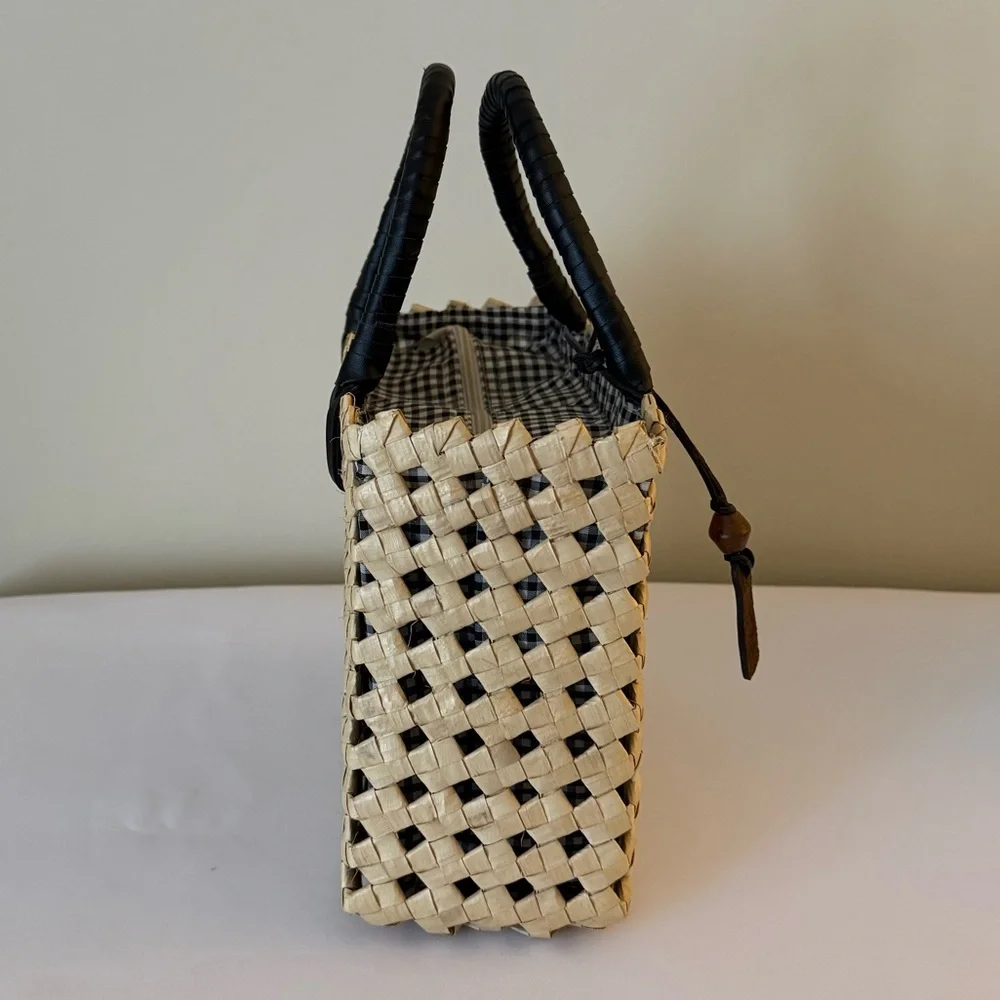 Esprit Black and Cream Woven Double Top Handle Basket Bag - Picture 4 of 9